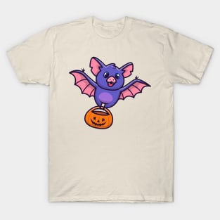 Cute Bat With Pumpkin Halloween Cartoon T-Shirt